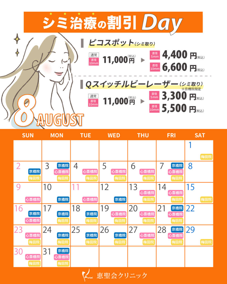 8月シミ治療の割引Dayの対象日